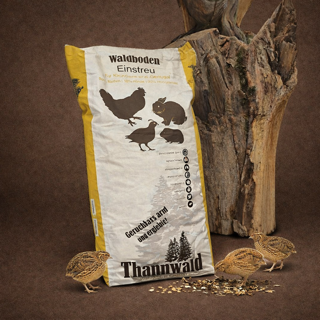 Thannwald Waldboden-Einstreu</br>für glückliche Wachteln</br>11kg / 60 Liter, Papiersack